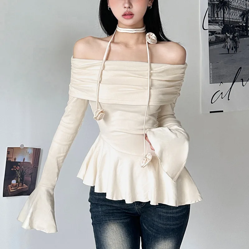 2025 Summer Y2k Aesthetic Women Tee Shirts Slash Neck Long Flare Sleeve Solid T-Shirts Solid Off Shoulder Sexy Club Tshirts