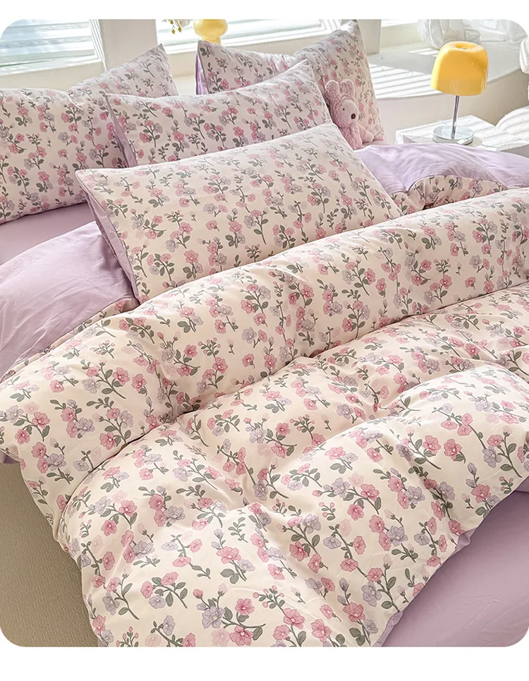 Pflanzenblumen-Druck, schlichtes, frisches, superweiches, wachsartiges Wolken-Baumwoll-Dreiteiler-Set für Studenten, ohne Bettlaken – Detail 3