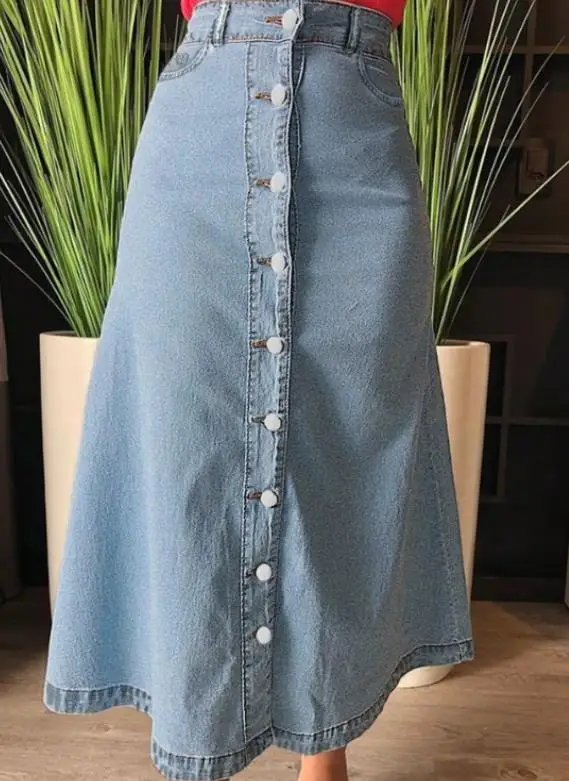 

Джинсовая юбка-миди средней длины с высокой талией для женщин, весенне-осенняя большая распашная юбка, новый стиль на груди