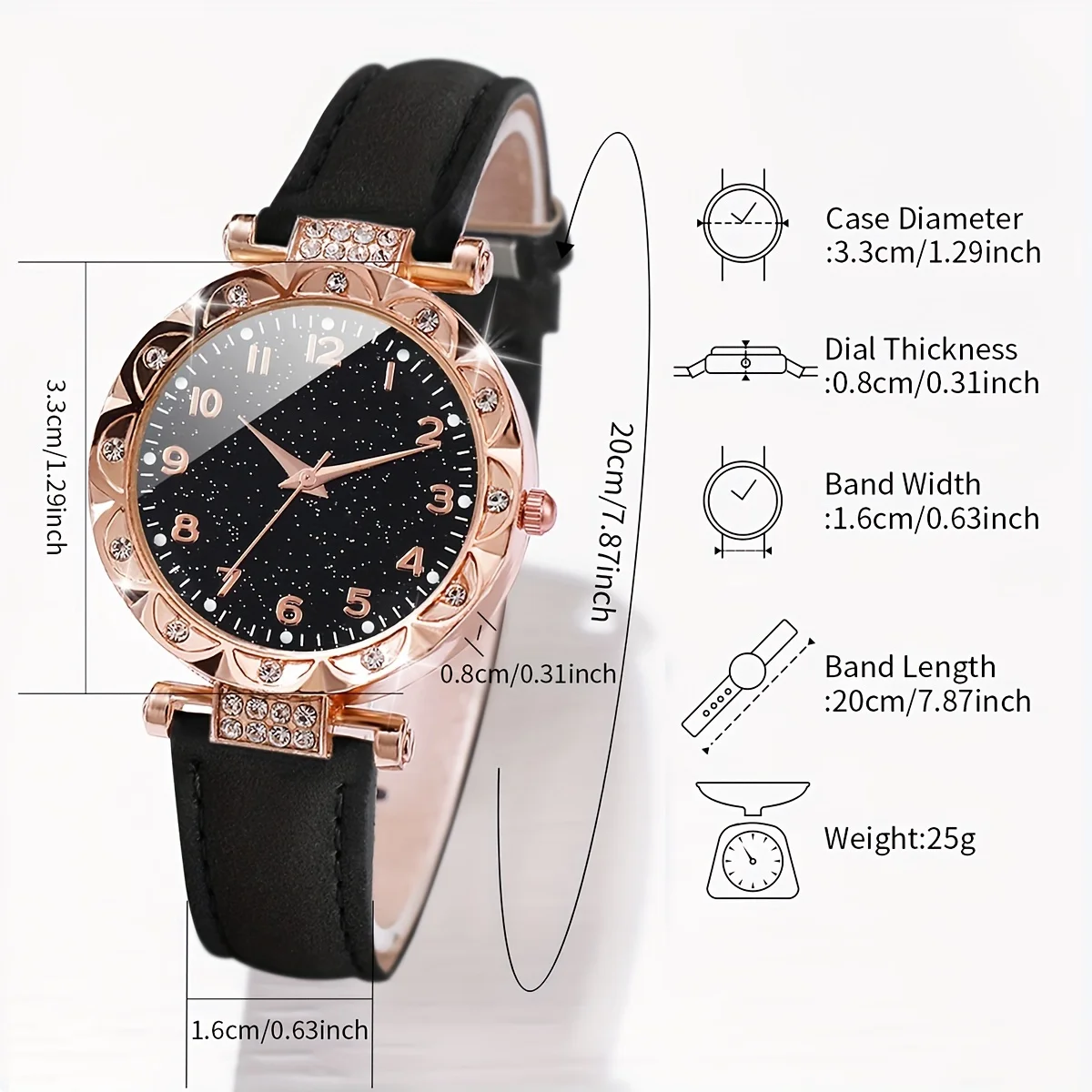 2PCS/Set Shimmering Rhinestone Womens Watch & Heart Bracelet Duo - Quartz Analog Timepiece with PU Leather Strap