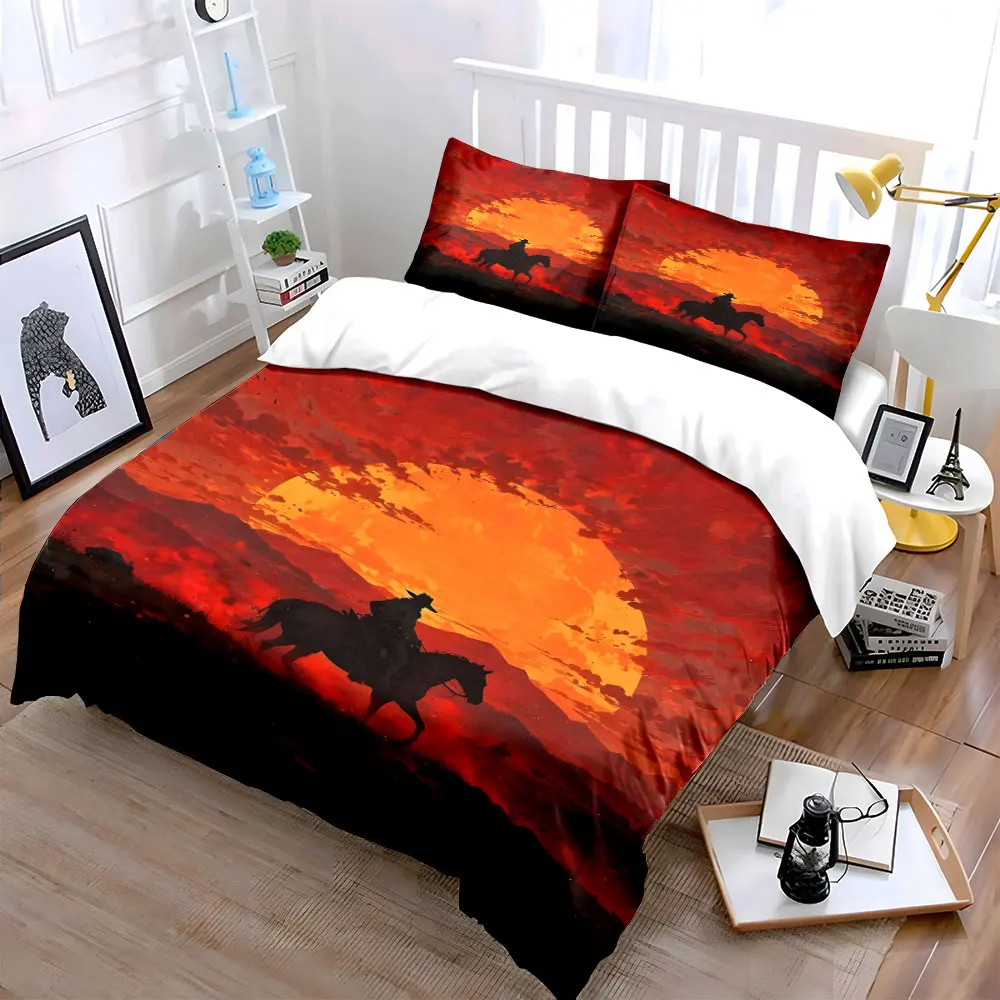 3pcs Lone Rider Under Fiery Sunset Duvet Cover Set with 3D Printing Design Soft Polyester Bedding Set All-Season Comfort