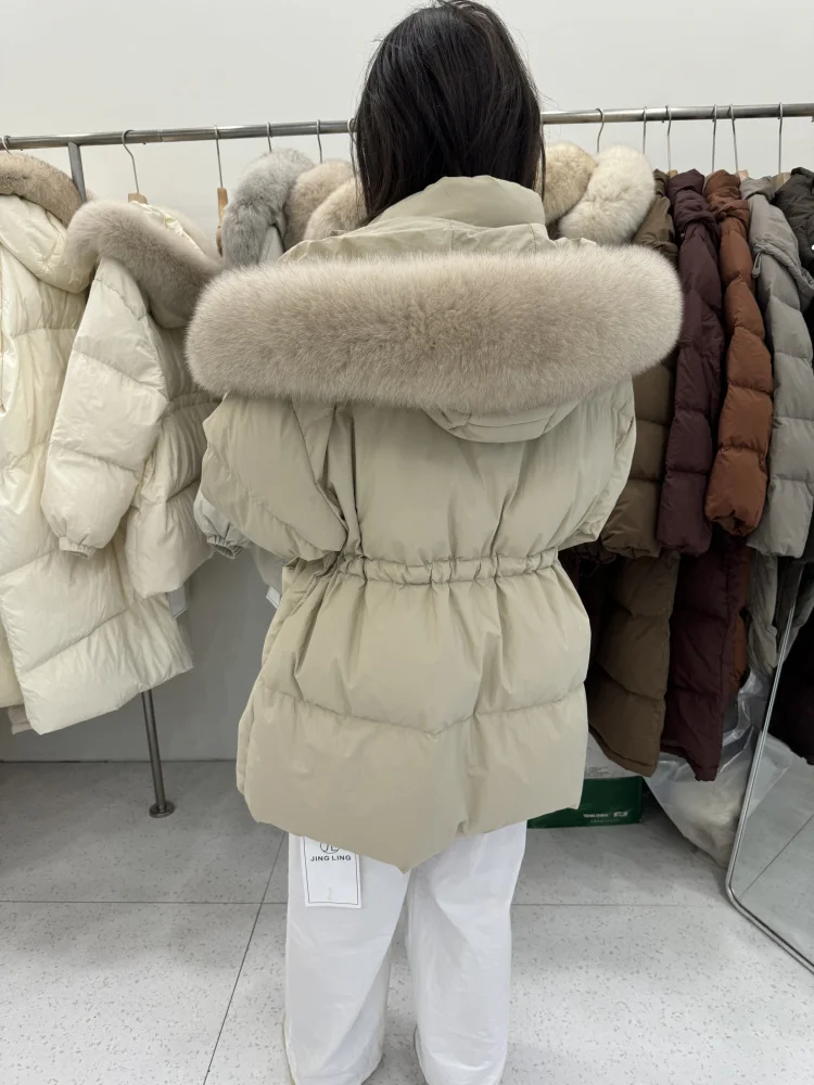 New Winter Large Real Raccoon Fur Hooded Duck Down Filling Jacket Women Loose Waterproof Puffer Coat Thickened Warm Soft Parka