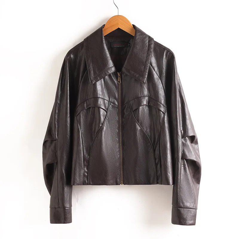 2026 Fashion Leather Jacket Women PU Short Coat Spring Autumn Turndown-collar Zip-up Moto&biker Outerwear Lady Loose Casual Tops
