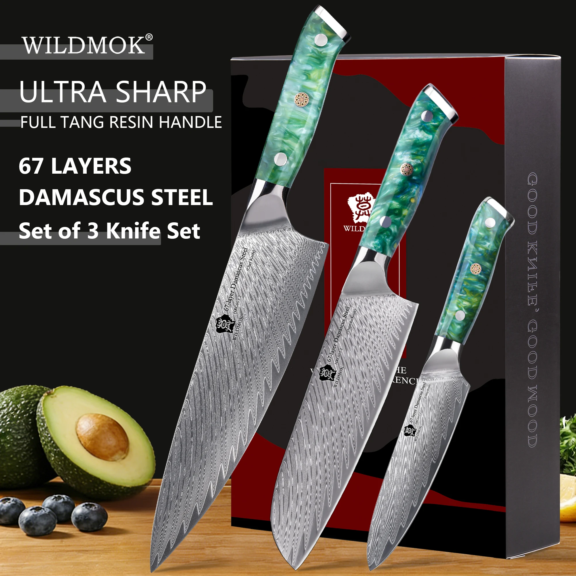 WILDMOK 3 PCS VG10 Damascus Steel Chef Knife Set Full Tang Green Resin Handle Professional Kitchen Cooking Cutlery