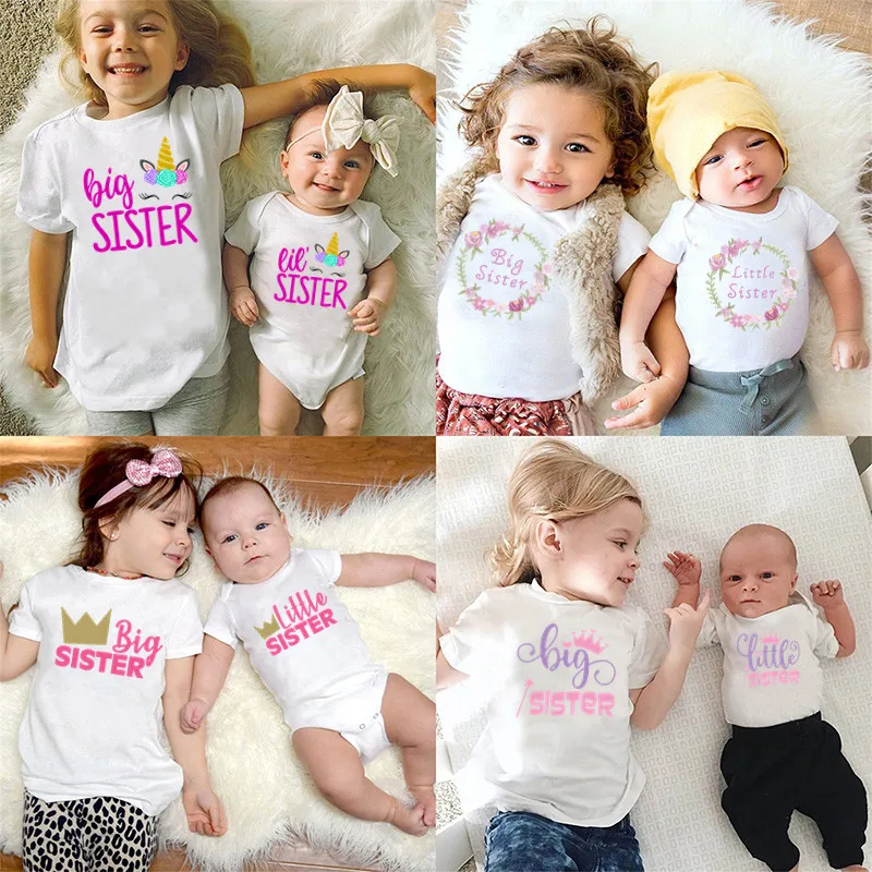 Big Sister Little Sister Baby Girls Clothes Girl T shirt & Rompers Unicorn Crown Print T-shirts Kids Sibling Matching Outfits