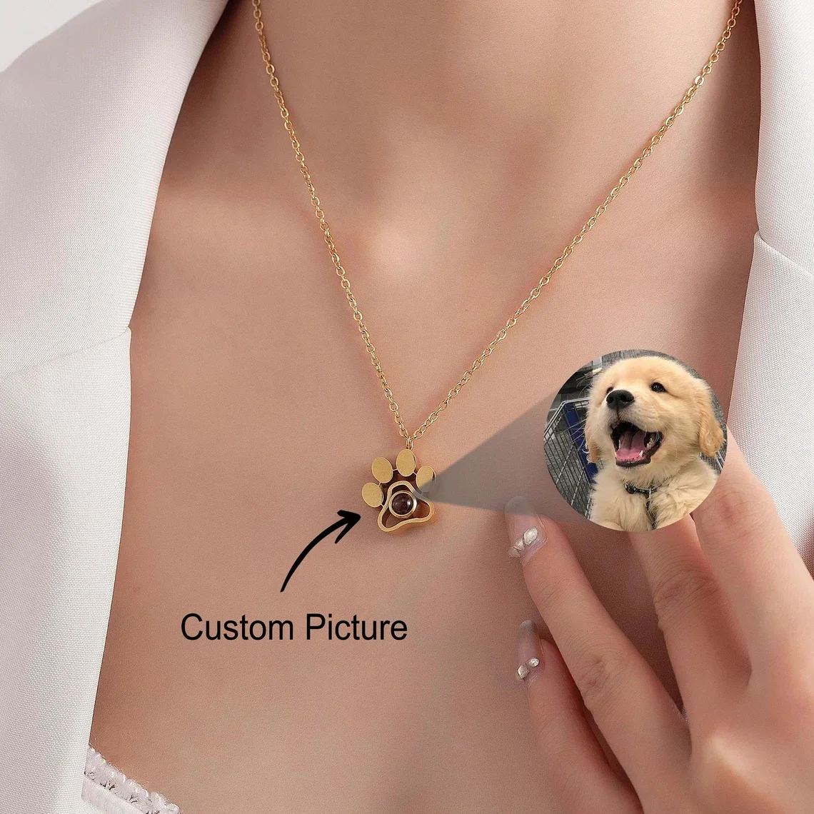 

Personalized Custom Dog Paw Projection Photo Necklaces For Men Women Custom Picture Pendant Necklace Anniversary Memorial Gift