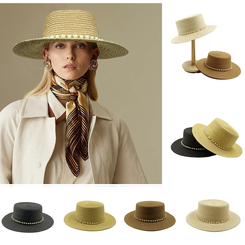 Pearl raffia flat top hat French elegant retro Hepburn summer women's hat beach vacation sun hat Panama