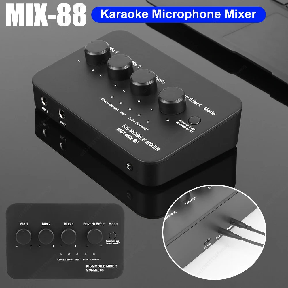 Digital Audio Mixer 3.5mm AUX BT Connection Dual Mic Inputs Digital Audio Sound Karaoke Machine for Karaoke Smart TV PC Speaker