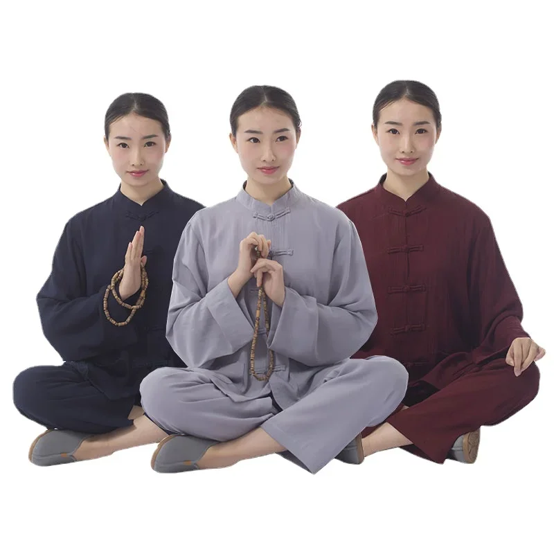 Adults Layman Meditation Clothing Suits Sets 3 Colors Cotton Linen Zen Haiqing Clothes Traditional Chinese Tang Suit for Tai Chi