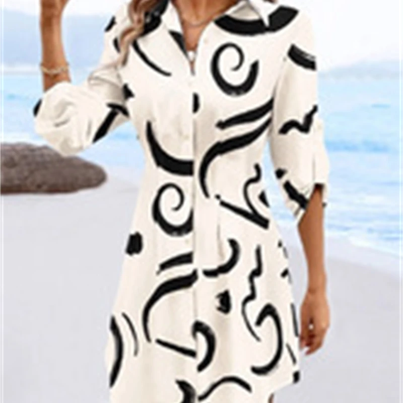 2025 nuove donne casual stampa manica lunga cintura con cravatta abito camicia abito camicetta tunica per abiti estivi da indossare ogni giorno