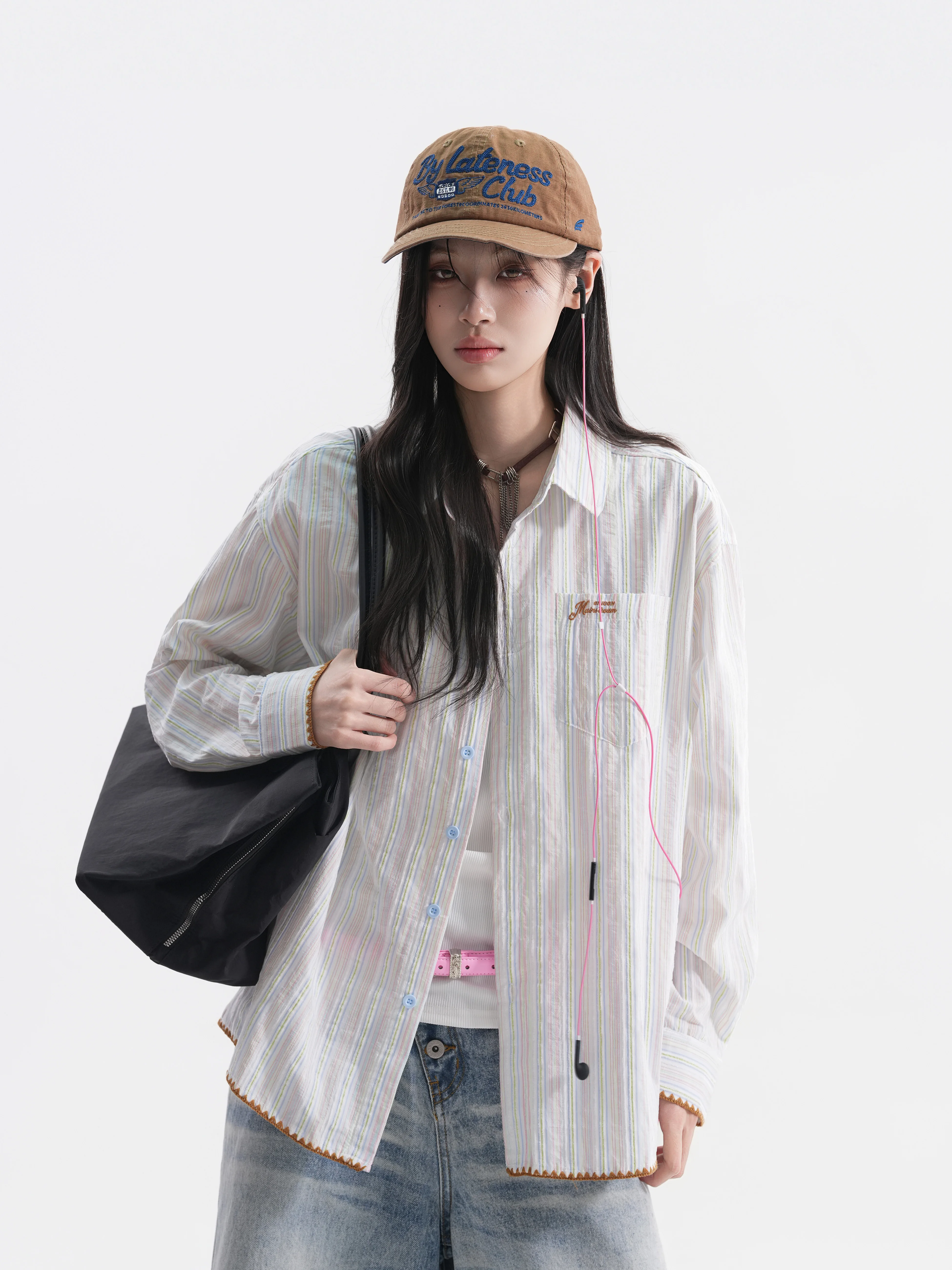 Korean College Style Long Sleeve Embroidered  Turn-down Collar Shirt Women Unique Stripe Pattern Casual Loose Fit Shirt