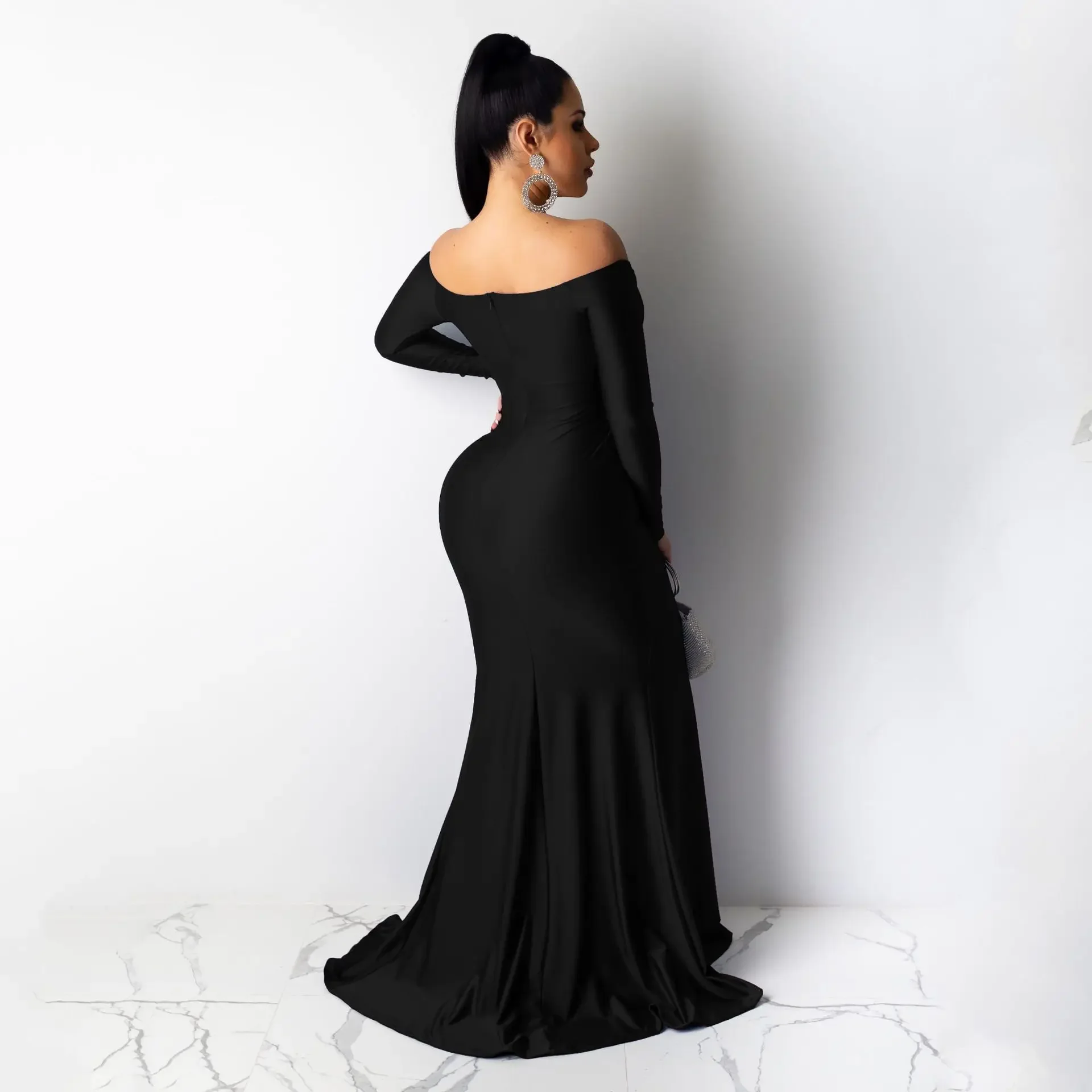 

European and American Women's Sexy Long Dress New Style Dress Solid Color Long Sleeve Split Dress