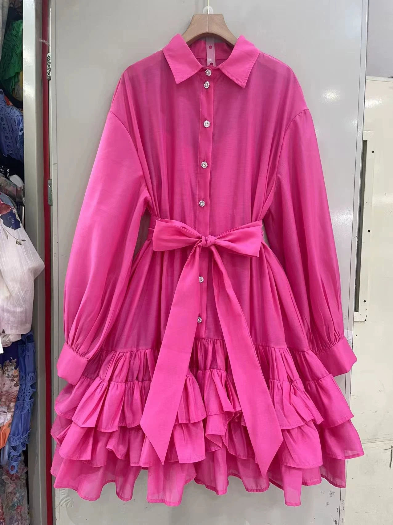 Primavera e verão feminino casual camisa vestido lapela cinto bainha decorativa costura camada solta novo estilo-GZXX020