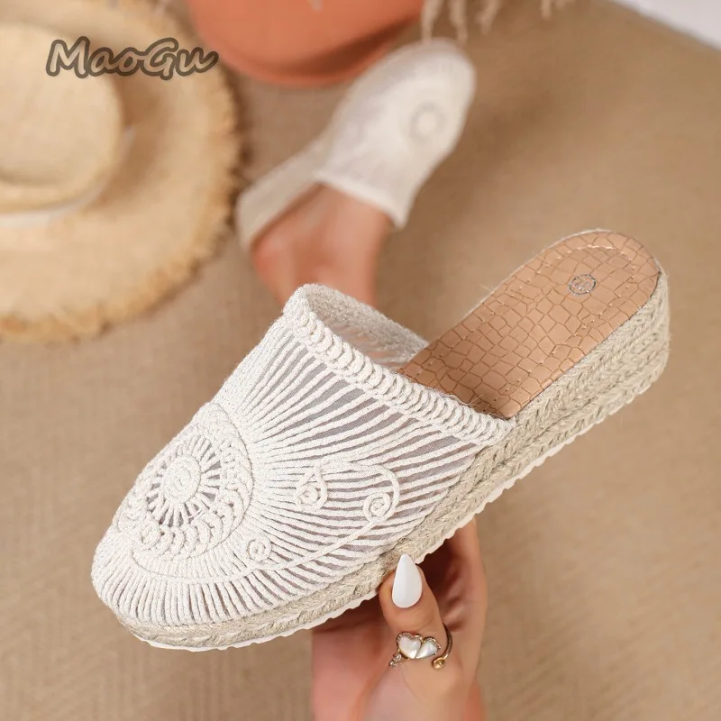 Size 35-43 Crochet Espadrille Wedge Mules Closed Toe Slip-On Fashion Slippers Casual Bohemian Platform Slides for Woman Zapatos