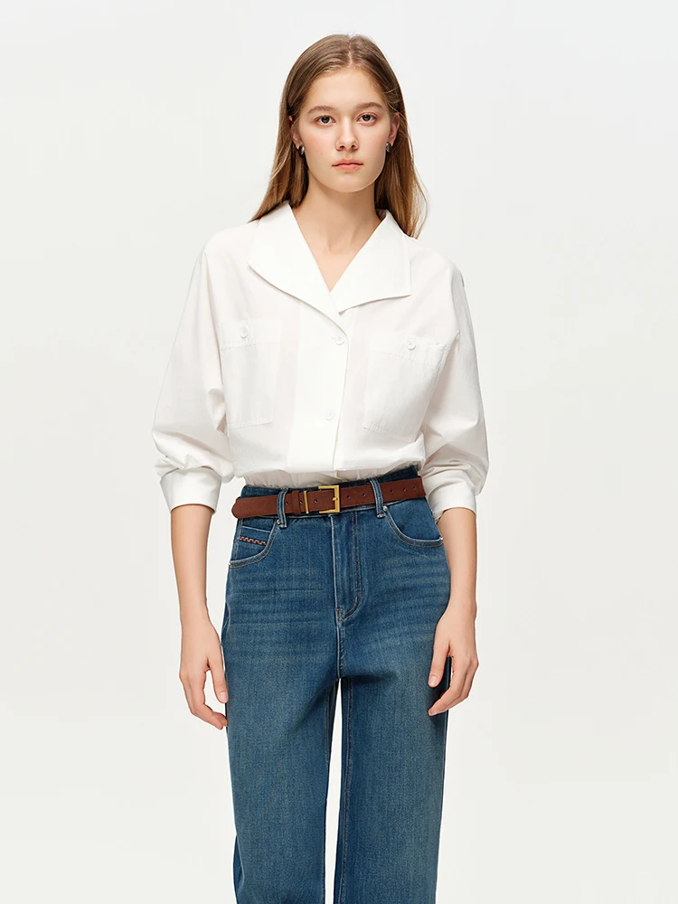 

Ele Pure Cotton White irt Casual Long Sve Commute Women's Top Versatile Spring 2026 New Arrival Simple Design