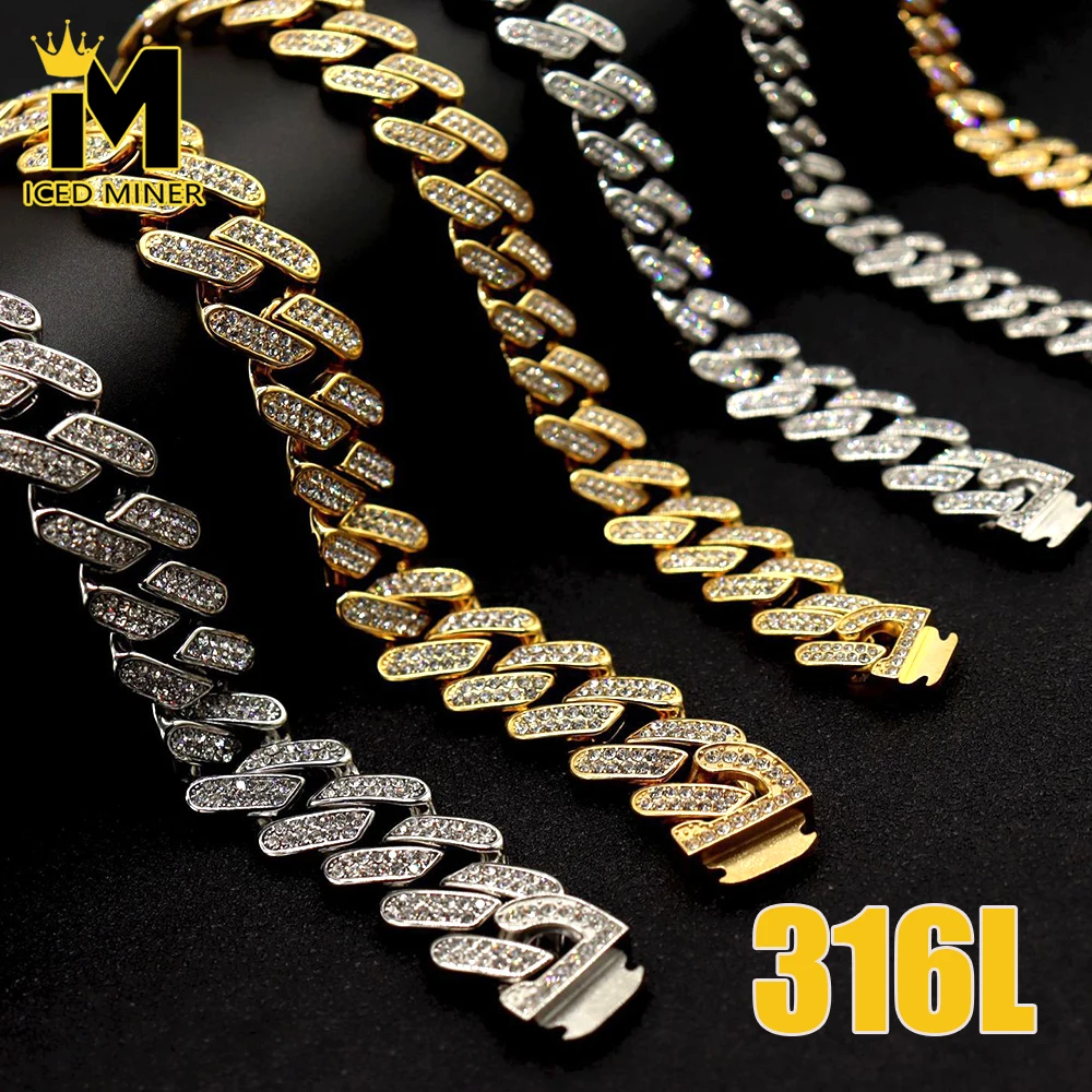 Aço Inoxidável 316L Cadeia Cubana Iced Out Pulseiras para Homens, Sem Fade Hip Hop Jóias, Cor Prata Dourada, Presente, Frete Grátis