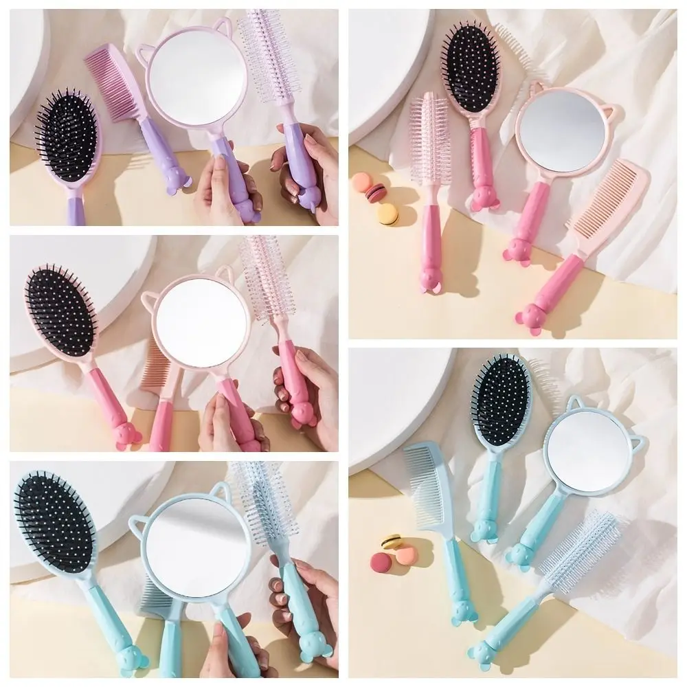 

4pcs/set Candy Colors Massager Comb Mirror Set Anti-static Soft Air Cushion Comb Set Cute Mouse Design Anti-slip