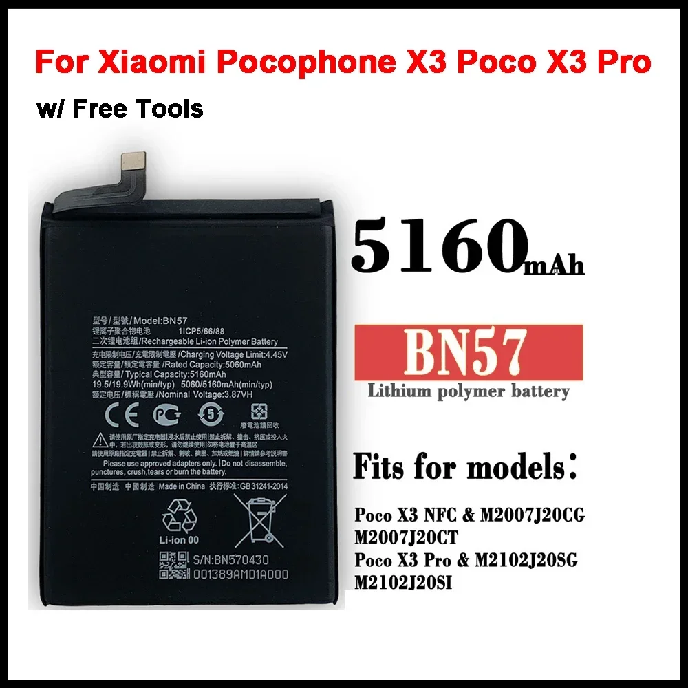 

BN57 5160mAh Phone Battery For POCO Pocophone X3 Poco X3 Pro Xiaomi Replacement Batteries + Tools