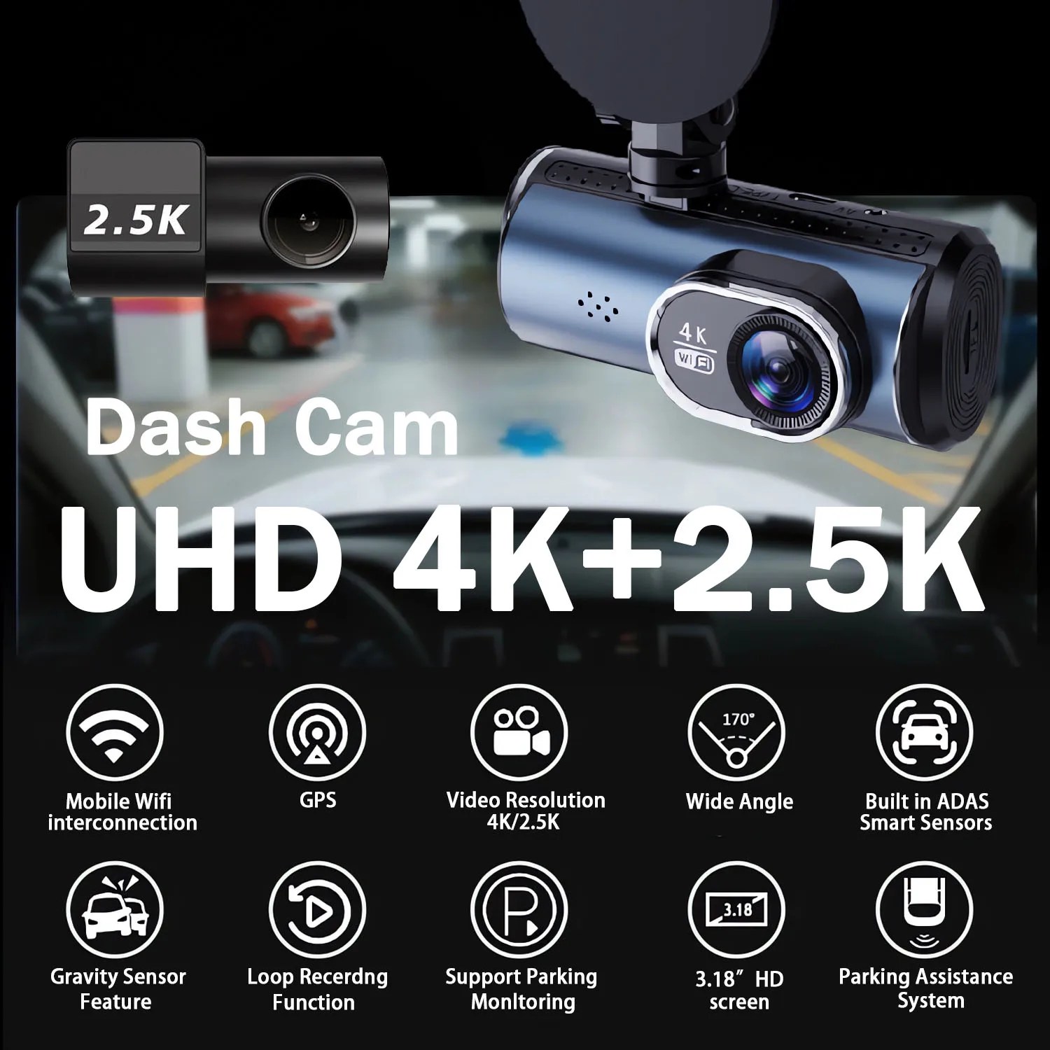 UHD 4K 2160P AI Driver Assistance Dash Cam Dual Lens ADAS WIFI GPS Mini Car DVR 2.5K Rear Camera Video Drive Recorder Dashcam