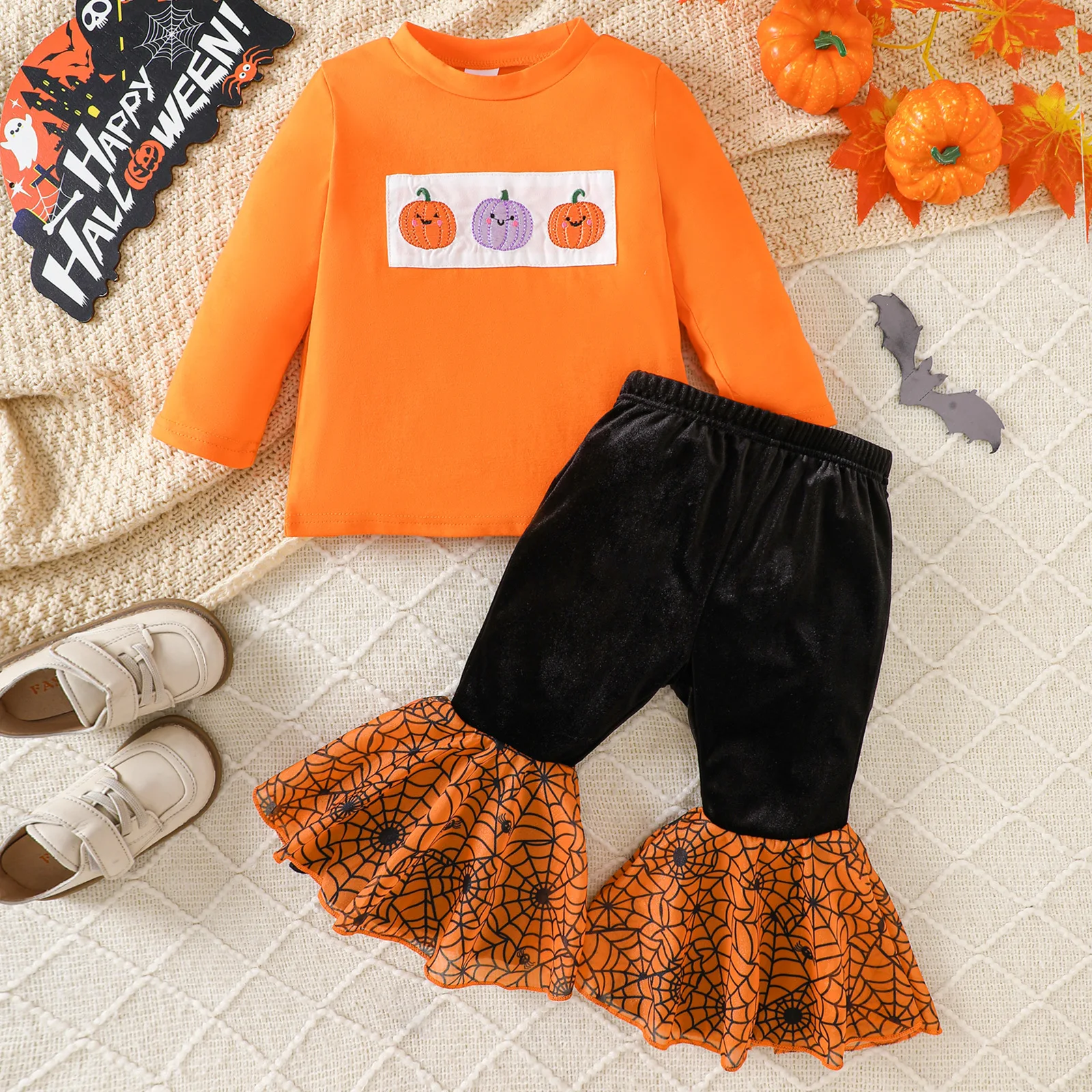 

1-3 Years Girls Halloween Party Tops Pumpkin Ghost Skeleton Flared Pants Infant Toddler Carnival Long Sleeve Outfit Set