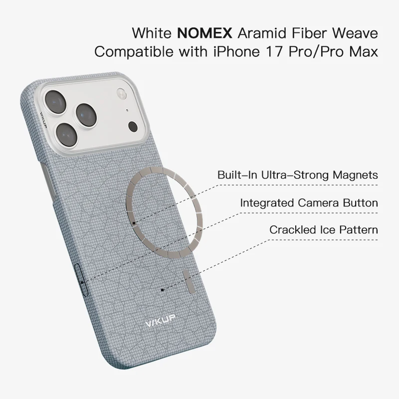 WKWU Song Porcelain for iPhone 17 Pro/ProMax, Ice-Crack Aramid Fiber Case, MagSafe Compatible, NFC Friendly, Slim Fit, White Gre