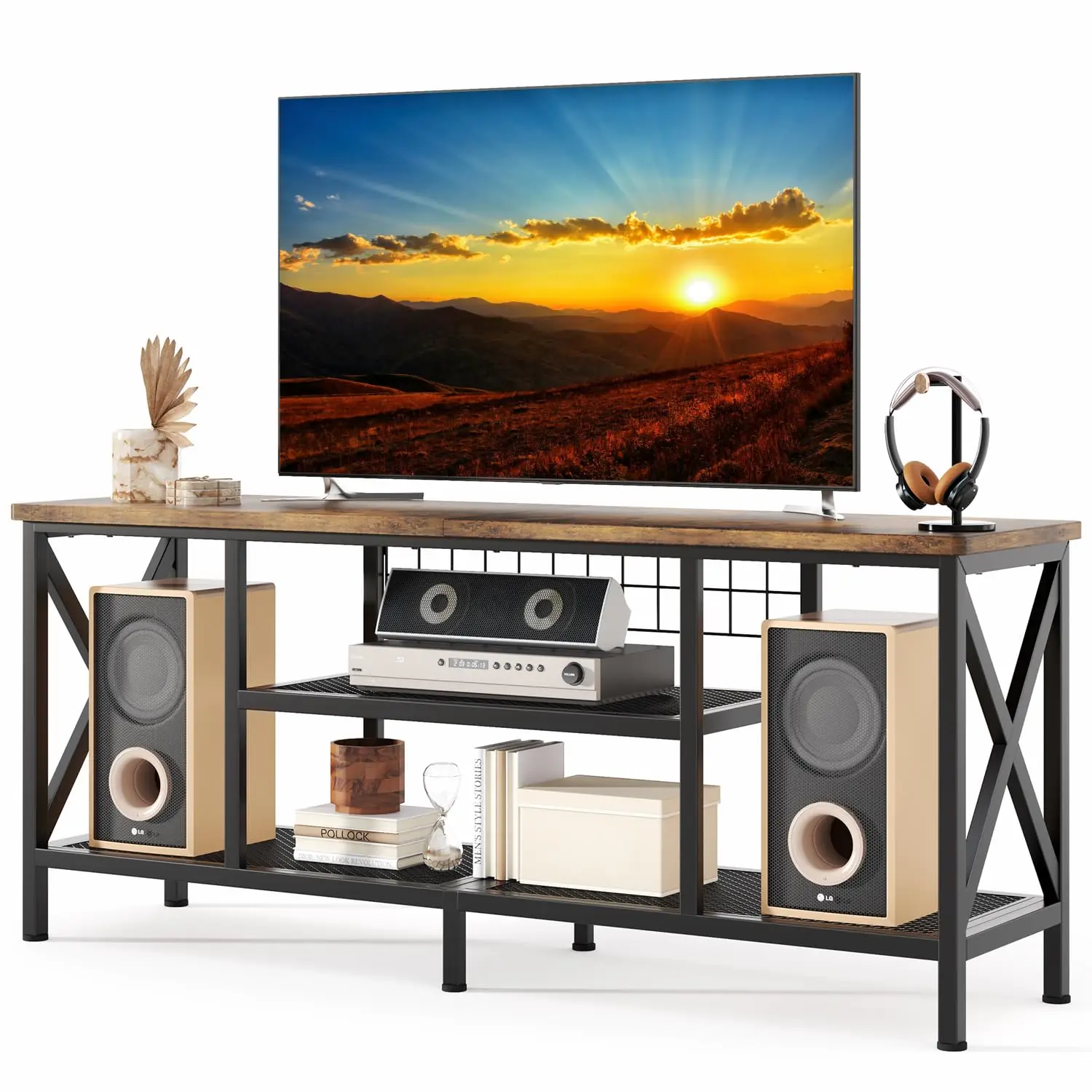 

59.8" Industrial TV Stand for 55-65 Inch TVs, Rustic Brown, 3-Tier Media Entertainment Center with Open Shelves,, Customized