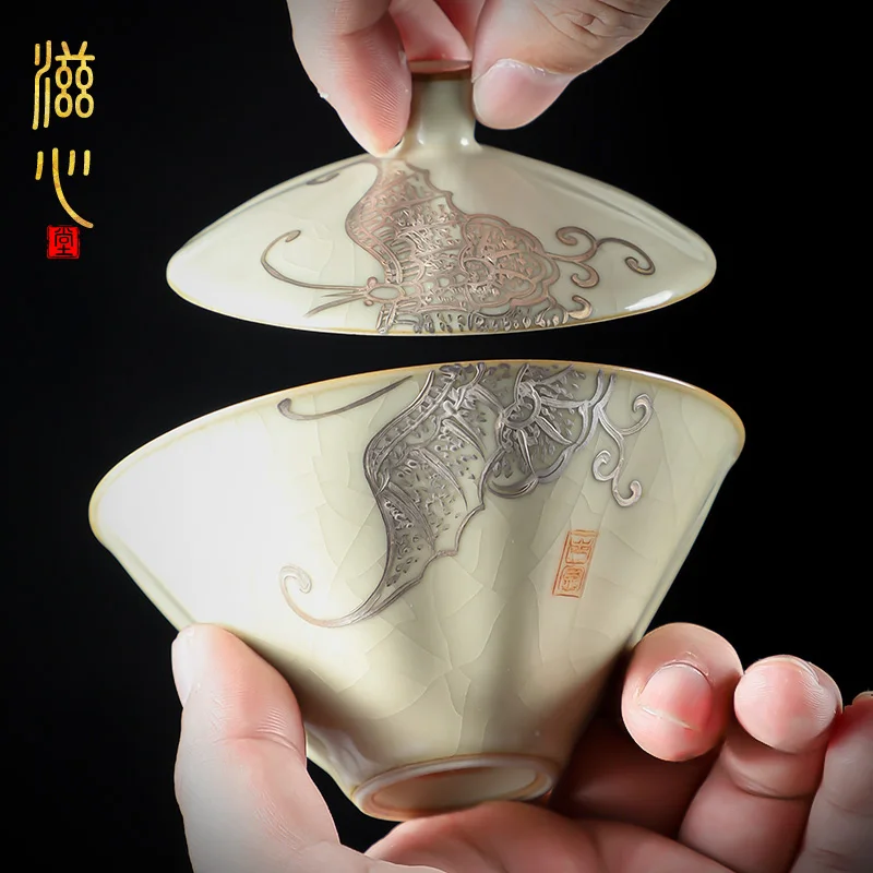 High-End Jingdezhen Freehand Drawing Silver Brushwork Sancai Gaiwan Tea Cup Ru Ware Natural Crack Bowl Single Kung Fu Set