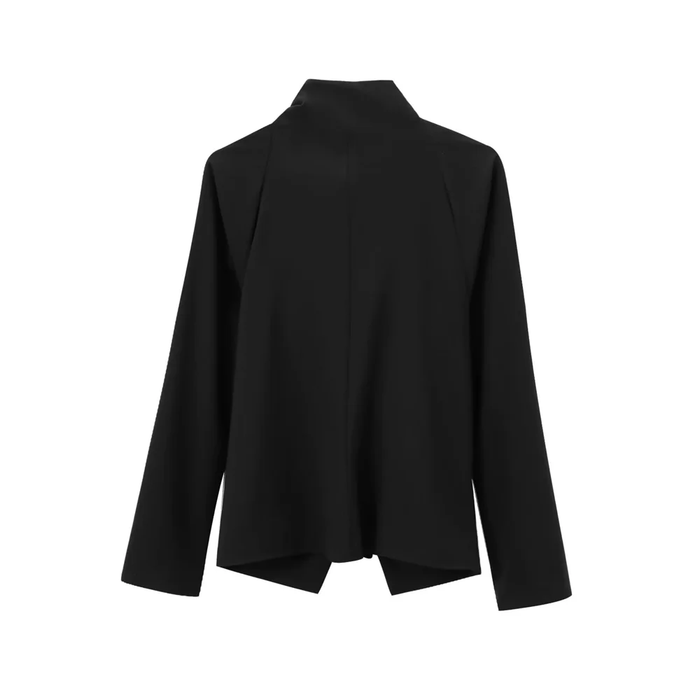 Taop&Za autumn new women\'s clothing style simple asymmetrical collar bow decoration hanging shoulder long sleeved lapel shirt