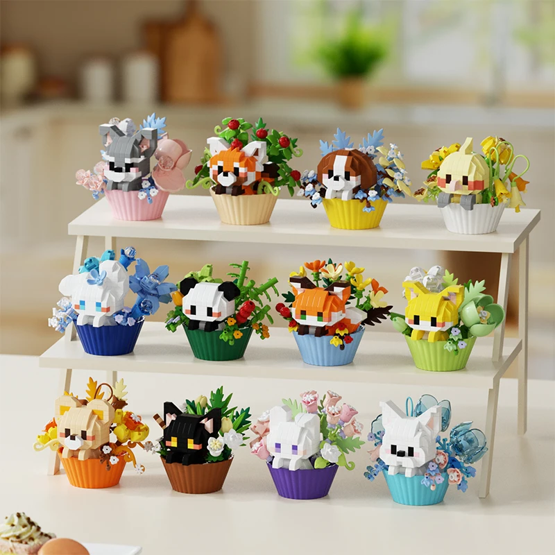 Cute MINI Building block Dessert Small Animals Potted Bouquet Cartoon Doll Panda Rabbit Fox Puppy Ornament Children Toys Gift