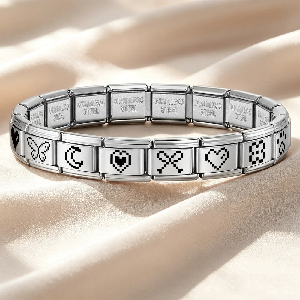 Laser-Retro-Pixel-Herz Geometrisches Schmetterlingsmuster Perlen-Geschenk Italienische Verbindung Passend für 9mm Armband DIY Edelstahl-Schmuck – Detail 5