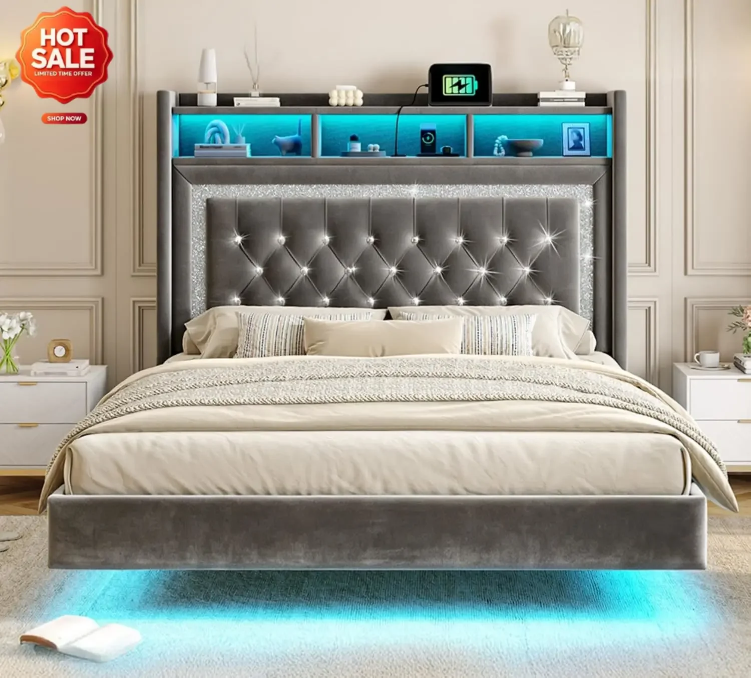 Queen Floating Bed Frame, Charge Station & LED Lights, Grey | 54
