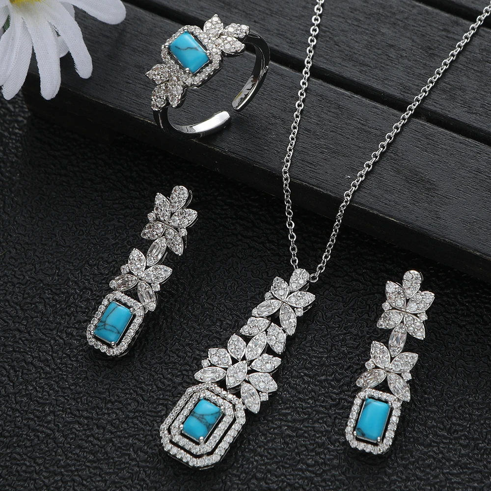 

New Luxury Leaves Rectangle Square Cubic Zircon Engagement Dubai Naija Bridal Finger Rings Necklace Earring Jewelry Set S465
