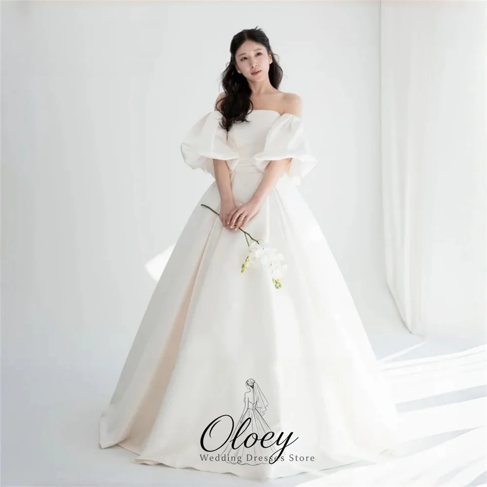 OLOEY Elegant Off The Shoulder Detachable Puff Sleeve Korea Wedding Dress Photo Shoot A-Line Satin Garden Bridal Gown Customized