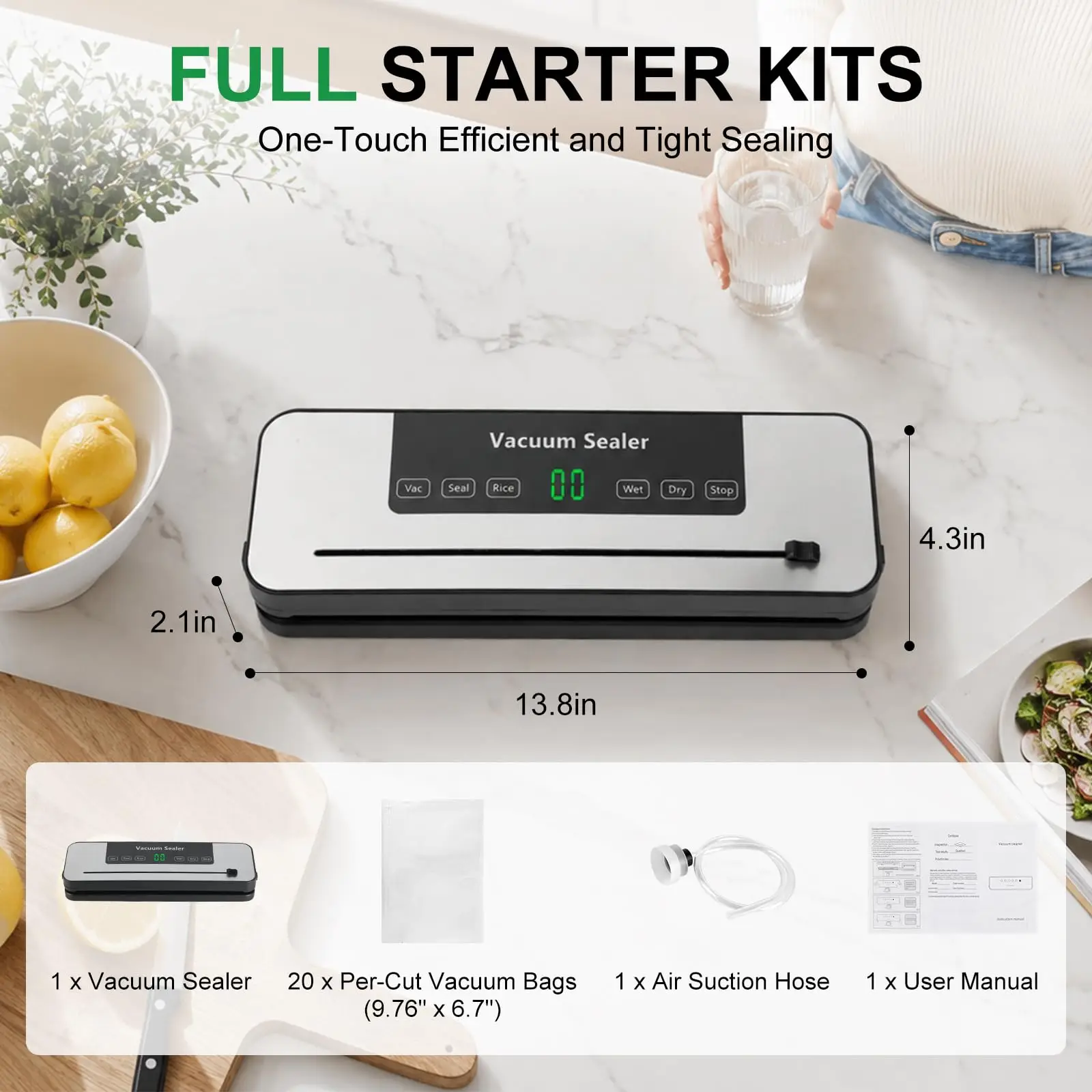 Food Vacuum Sealer Machine 6 Modes Vacuum Seal Rice Wet Dry Stop with Built in Bag Cutter Includes 20 Bags and Hose 120W Compact Slim Design for Meat Vegetables Snacks Leftovers Meal Prep Black