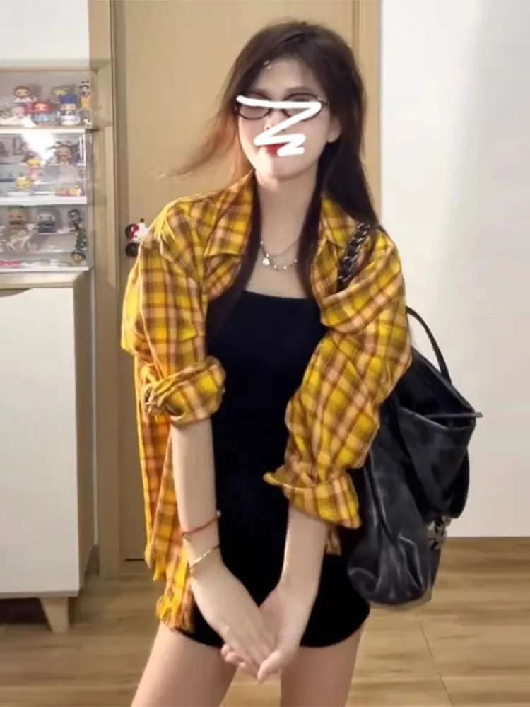 

Women's Plaid irt Jaet Thin Long Sve Spring Autumn Summer Sun Protection Sweet Japanese Sle Loose Fit Button Detail