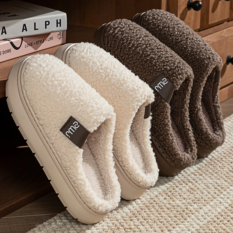 Lightweight Thick Bottom Lambswool Plush Eva Slippers Couple Non Slip Platform Home Warm Slippers Winter 2026 Furry Slides Women