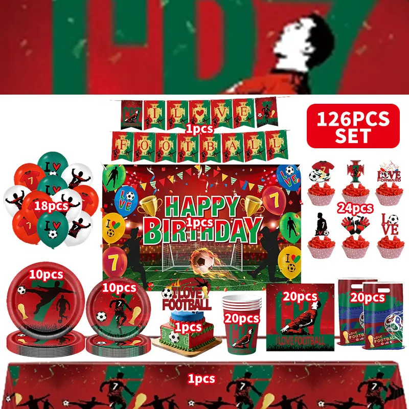 Neueste CR7 Geburtstagsdekoration Fußball-Superstar Party-Zubehör Fußball-Ballons-Set Tischdecke Teller Becher Hintergrund Deko-Geschenke – Detail 33