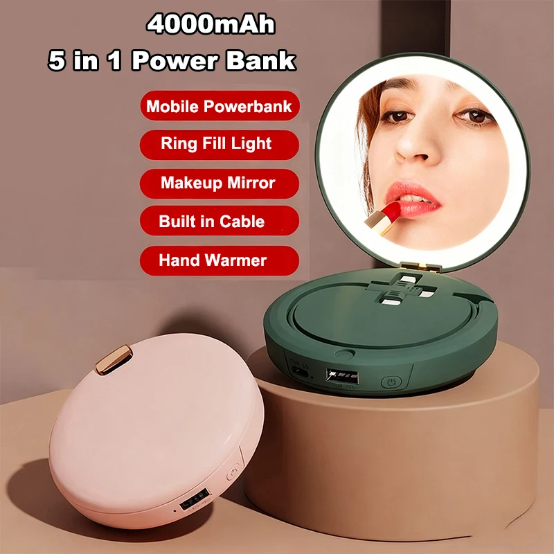 

5in 1 Hand Warmer Power Bank Makeup Mirror with Light Built in Cable Powerbank External Battery for iPhone Samsung Xiaomi Huawei