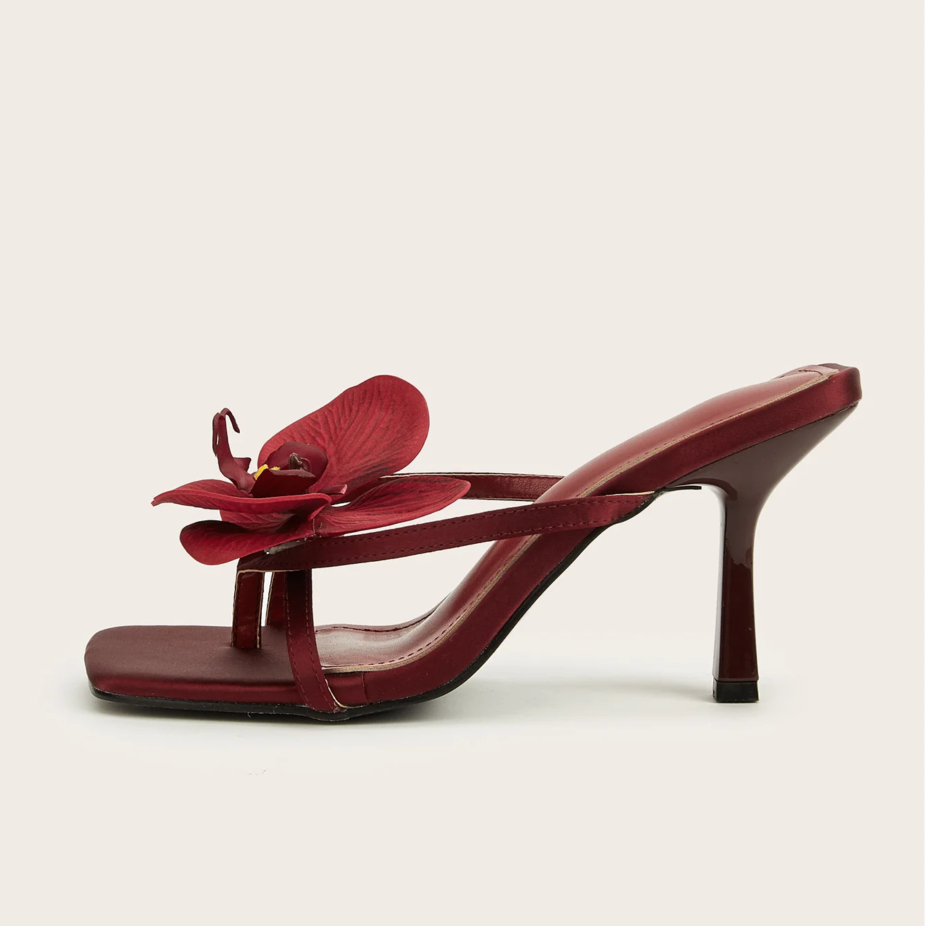 Burgundy Heels for Women Satin Square Toe Flip-flops 8cm Heeled Sandals Mules Elegant Women's Shoes Beach Trip Banquet Party