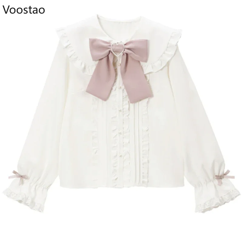 Autumn Sweet Y2k Lolita Shirts Women Casual Chic Bow Hearts Buckle Blouse Japanese Office Ladies Kawaii Long Sleeve Elegant Tops