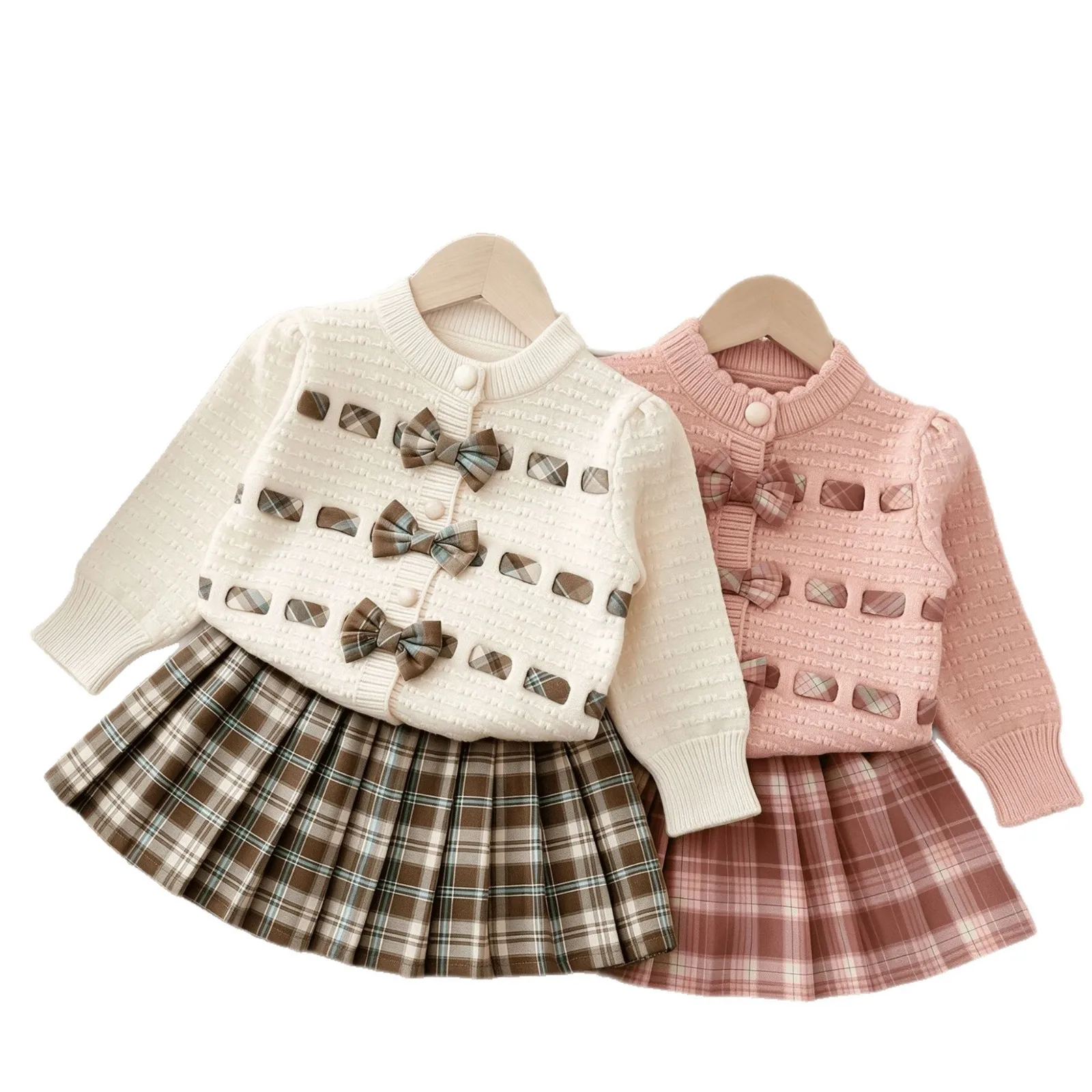 Suit Girls Bow Knitted Set Autumn and Winter New 3D Bow Sweater Coat Plaid Pleated Skirt Two-piece Set Fashion and Versatile