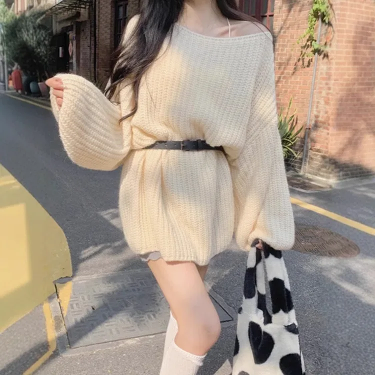 One Neck Off Shoulder Woolen Knitted Sweater Lazy Style Soft Glutinous Sweater Small and Spicy Girl Top Female