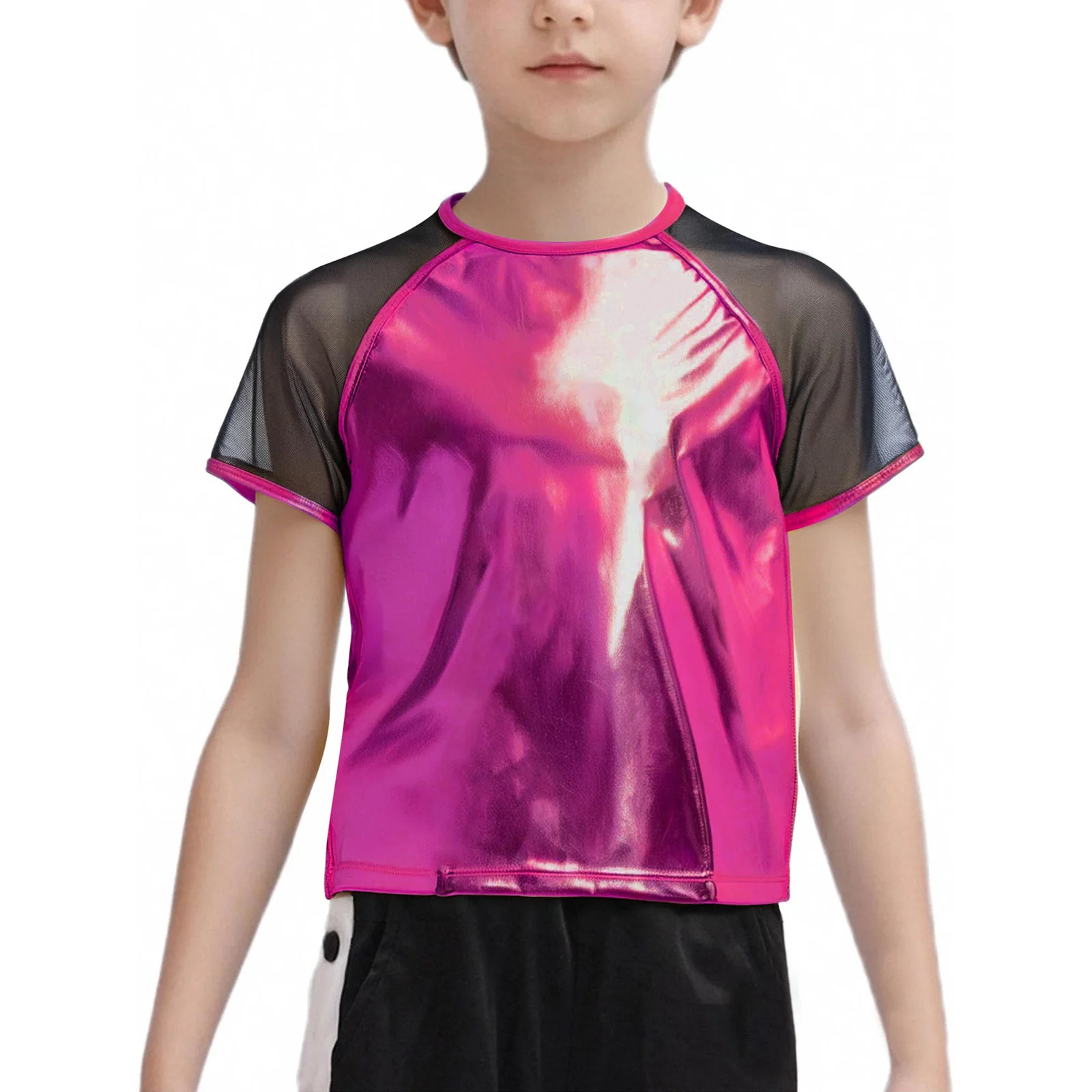 Crianças meninas meninos jazz hip-pop rua moderna dança desempenho traje pura malha manga curta em torno do pescoço metálico camiseta blusa