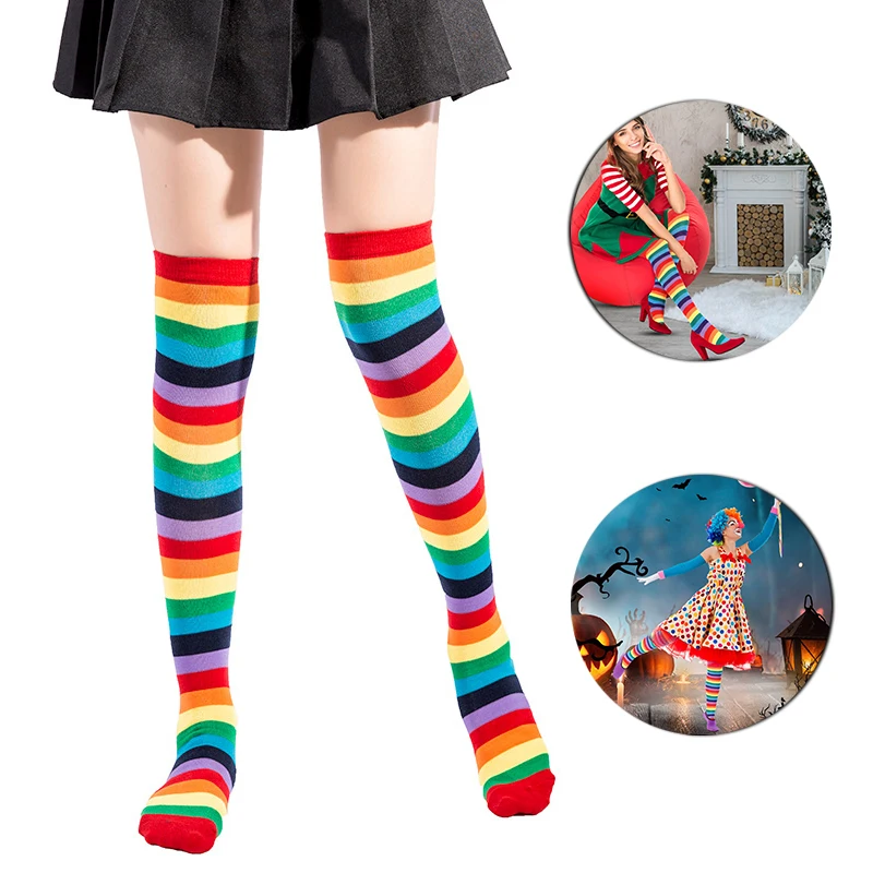 Knee High Rainbow Socks Thigh High Striped Knee Socks Rainbow Striped Socks Stockings for Christmas Cosplay Costume Party