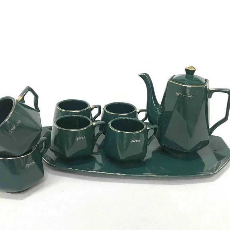 Green Glaze Ceramic Tea Set Teapot 6 Cups Wooden Rack Gift Box Drinkware
