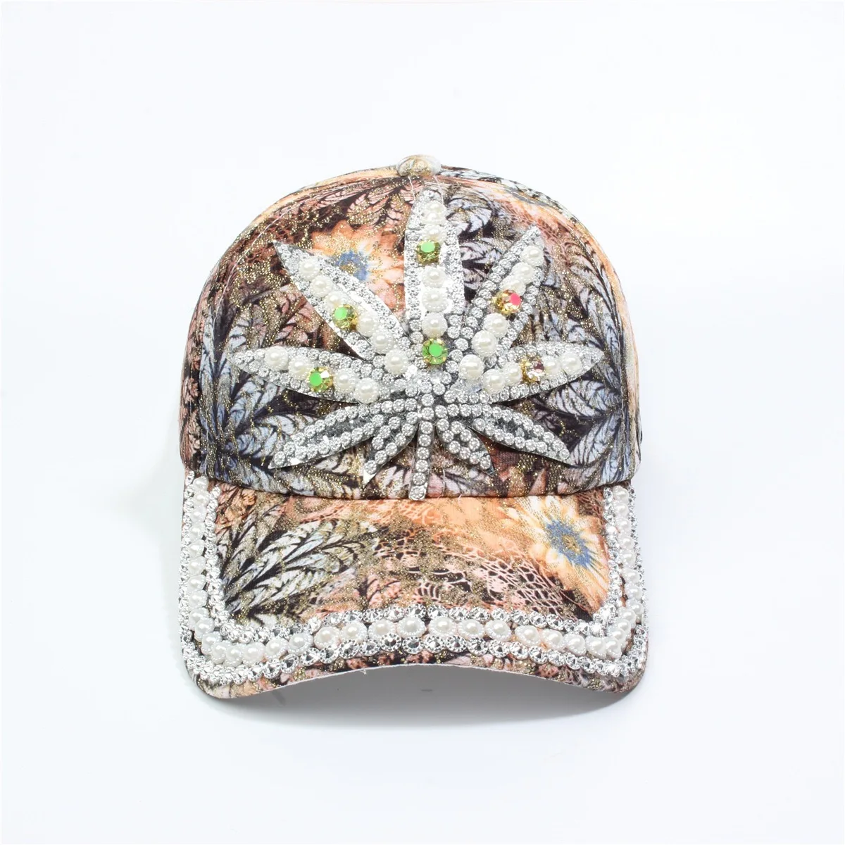 Plants and flowers printed all over, three-dimensional pearl and rhinestone border baseball cap - Country and casual style