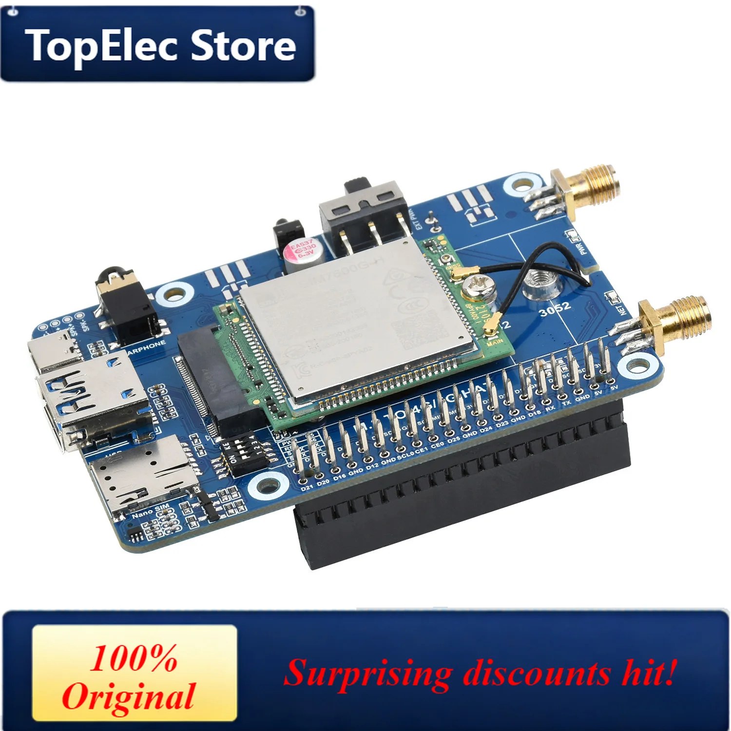 TopElec 4G LTE GPS HAT Cooling Fan Expansion Board for IoT Projects RasPi RPI Raspberry Pi 3 4 Model B 4B 5 Breakout Shield Star
