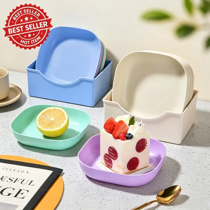 10Pcs Macaron Color Snack Plate Set, Simple Straw Bone Spitting Tray Candy Fruit Cookie Cake Storage Plate Kitchen Accessories