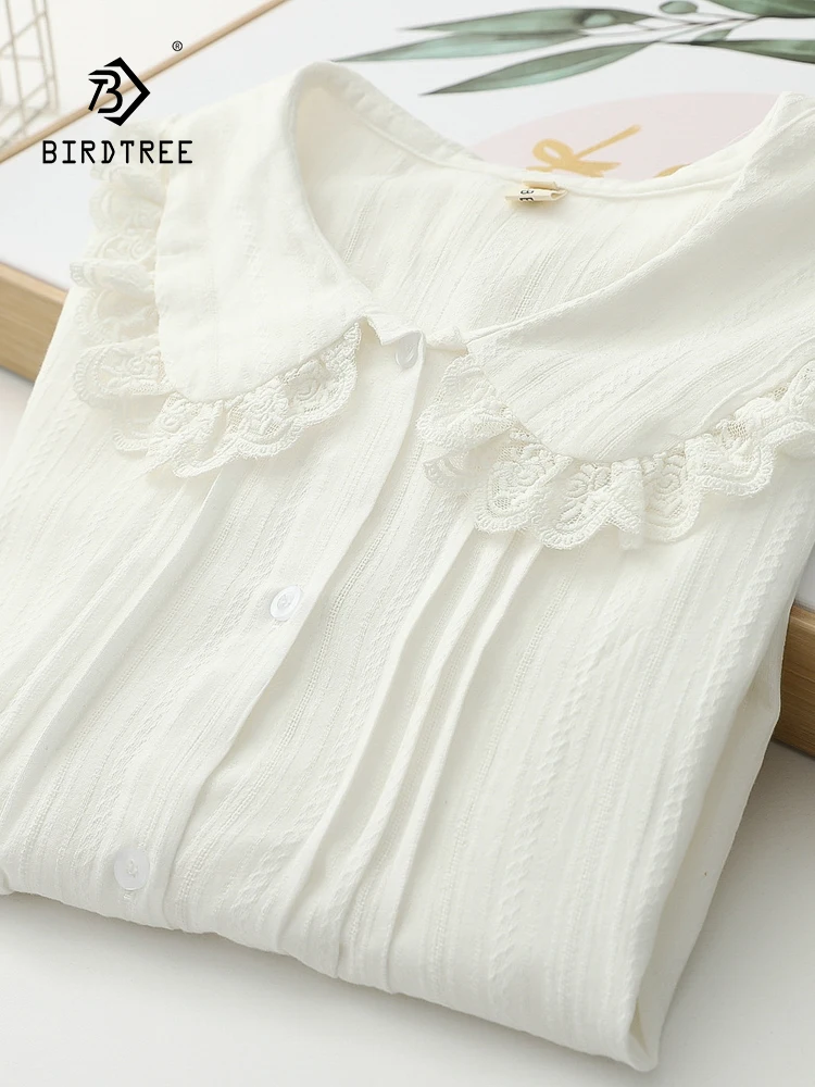 New Spring Cotton Lace Shirt Women Peter Pan Collar Long Sleeve Tops Girl Academic Style Casual Blouses 2024 Autumn T43071QC