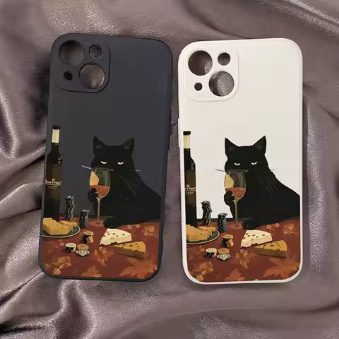 INS Cartoon Red Wine Black Cat Phone Case For Samsung Galaxy S23 S24 S25 Ultra S22 S21 S20 Plus FE A15 A35 A54 A55 A73 Cover
